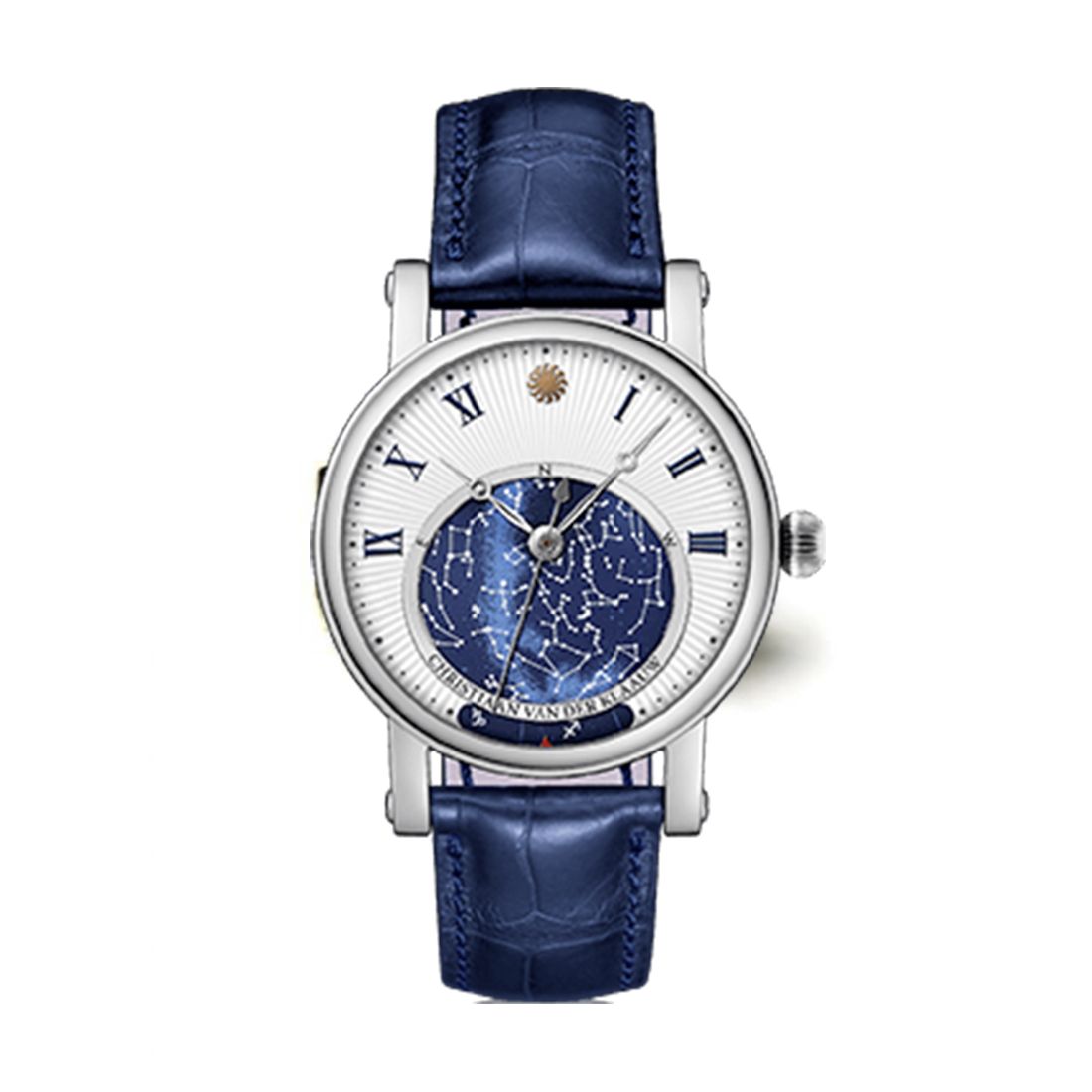 De Orion is een perfect voorbeeld van de manier waarop we astronomische complicaties en design hebben geïntegreerd. Het horloge is uitgerust met een zogenaamd planisfeer, een roterende sterrenhemel die ronddraait in 23 uur, 56 minuten en 4,0916 seconden. Het geeft je de juiste weergave van de sterren en sterrenbeelden boven je weer gezien vanuit de meeste posities op het noordelijk halfrond.